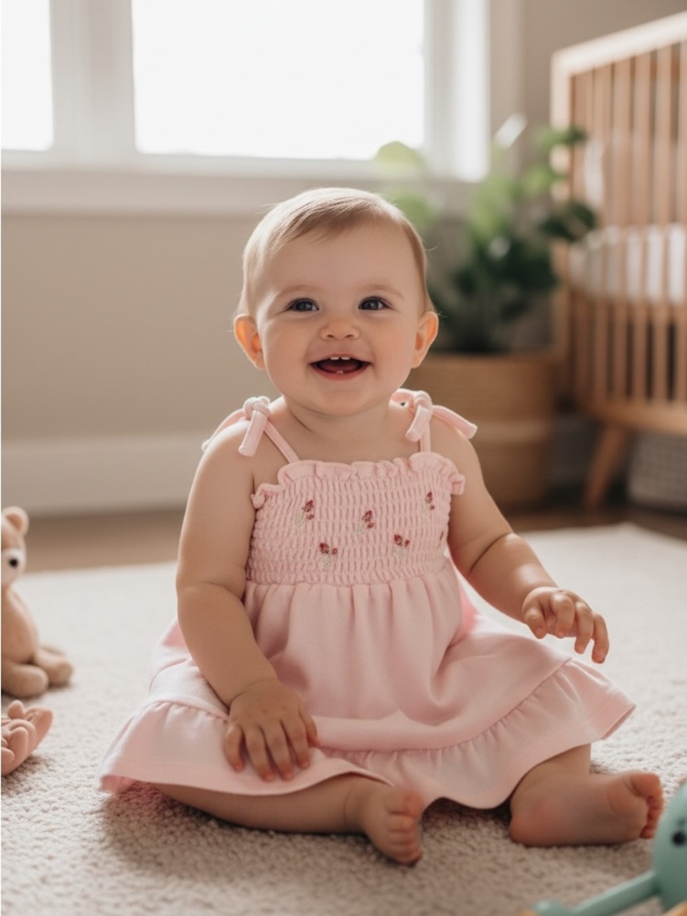 Baby Pink Smocked Tie-Shoulder Dress for Kids